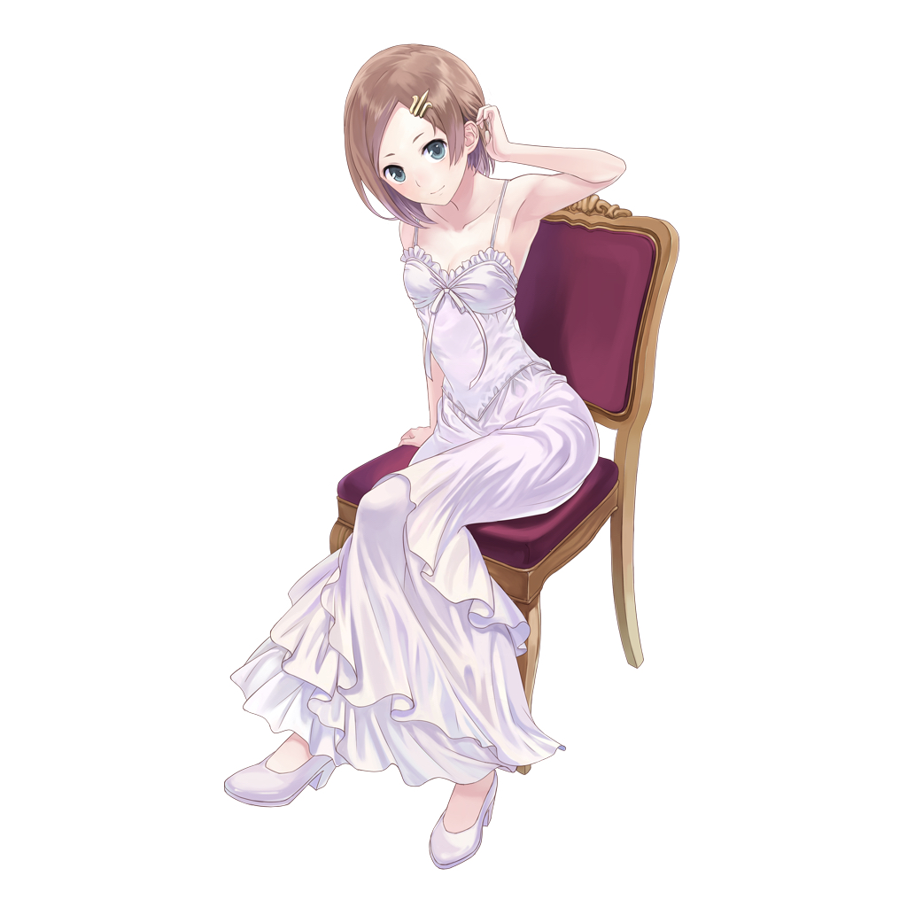 1girl atelier_(series) atelier_rorona blue_eyes brown_hair chair dress esty_erhard hair_ornament hairclip high_heels kishida_mel looking_at_viewer short_hair simple_background sitting smile solo white_background