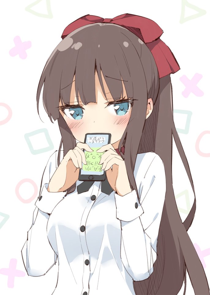 1girl aqua_eyes blush bow breasts brown_hair cellphone covering_mouth dress_shirt emoticon hair_bow hair_ribbon jpeg_artifacts long_hair new_game! peko phone red_bow red_ribbon ribbon shirt smartphone solo takimoto_hifumi text_messaging translation_request upper_body