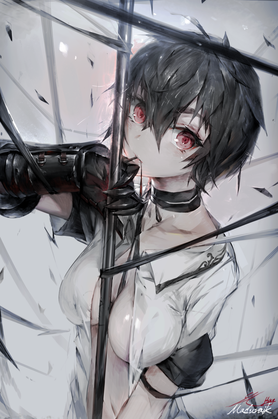1girl armband bangs between_breasts black_hair black_ribbon breasts collared_shirt dress_shirt eyebrows eyebrows_visible_through_hair gauntlets grey_background hair_between_eyes highres holding hong large_breasts looking_at_viewer mouth_hold open_clothes open_shirt original pole red_eyes restrained ribbon shards shirt short_hair short_sleeves signature solo upper_body white_shirt