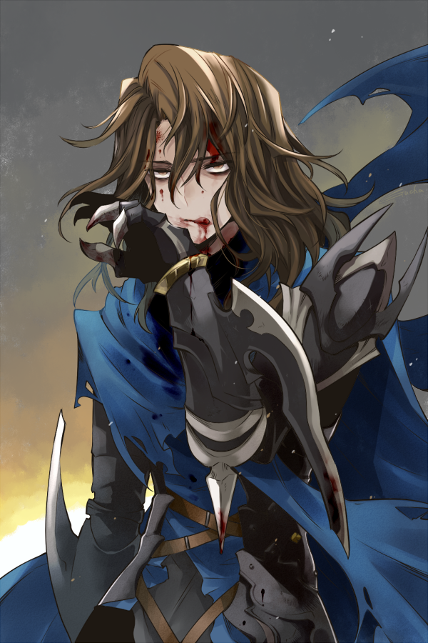 1boy armor blood blood_on_face brown_eyes brown_hair cape eyebrows eyebrows_visible_through_hair granblue_fantasy gucha_(netsu) licking_lips long_hair looking_at_viewer male_focus siegfried_(granblue_fantasy) solo tongue tongue_out torn_clothes