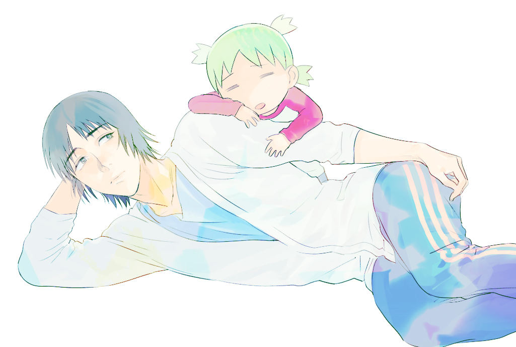 1boy 1girl black_hair father_and_daughter green_hair hand_on_own_thigh k29 koiwai_yotsuba lips looking_at_another lying mr_koiwai on_side pants quad_tails raglan_sleeves simple_background sleeping track_pants white_background yotsubato!