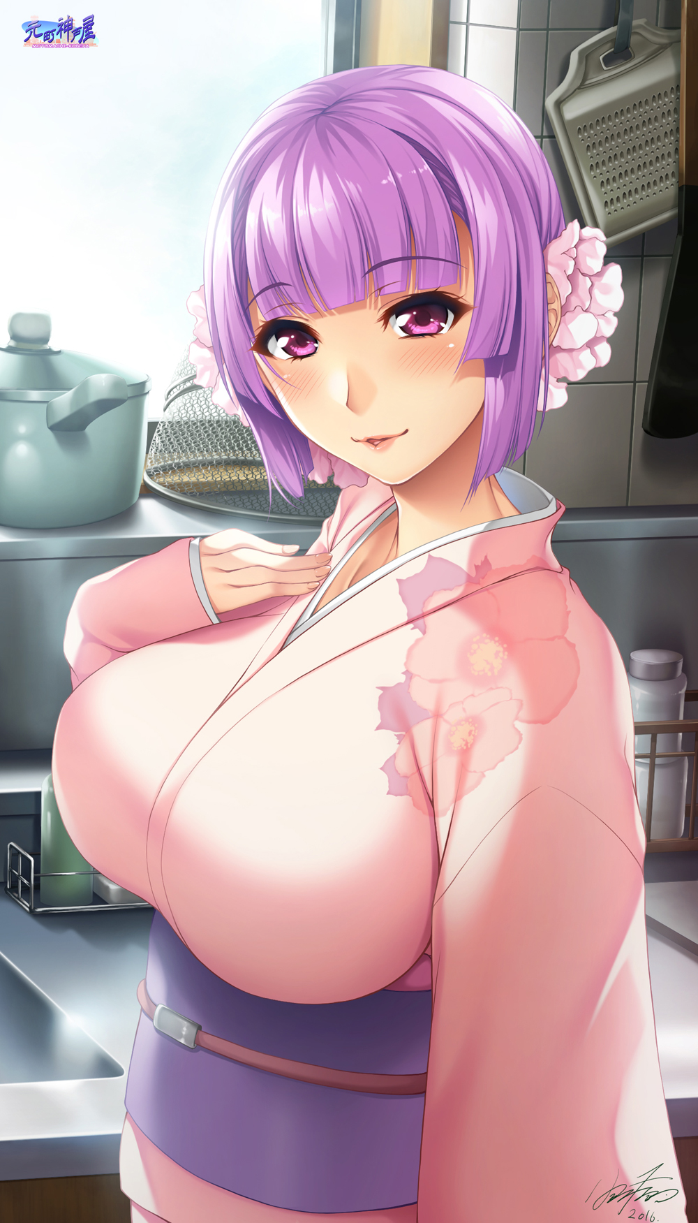 1girl 2016 bangs blunt_bangs blush bob_cut breasts eyebrows eyebrows_visible_through_hair fingernails floral_print flower from_side fuyou_(nanairo_reincarnation) grater hair_flower hair_ornament hand_on_own_chest highres hozumi_kaoru huge_breasts indoors japanese_clothes kimono kitchen logo long_sleeves looking_at_viewer nanairo_reincarnation obi parted_lips pink_flower pink_kimono pink_lips purple_hair sash short_hair signature sleeves_past_wrists solo spatula strainer upper_body violet_eyes wide_sleeves
