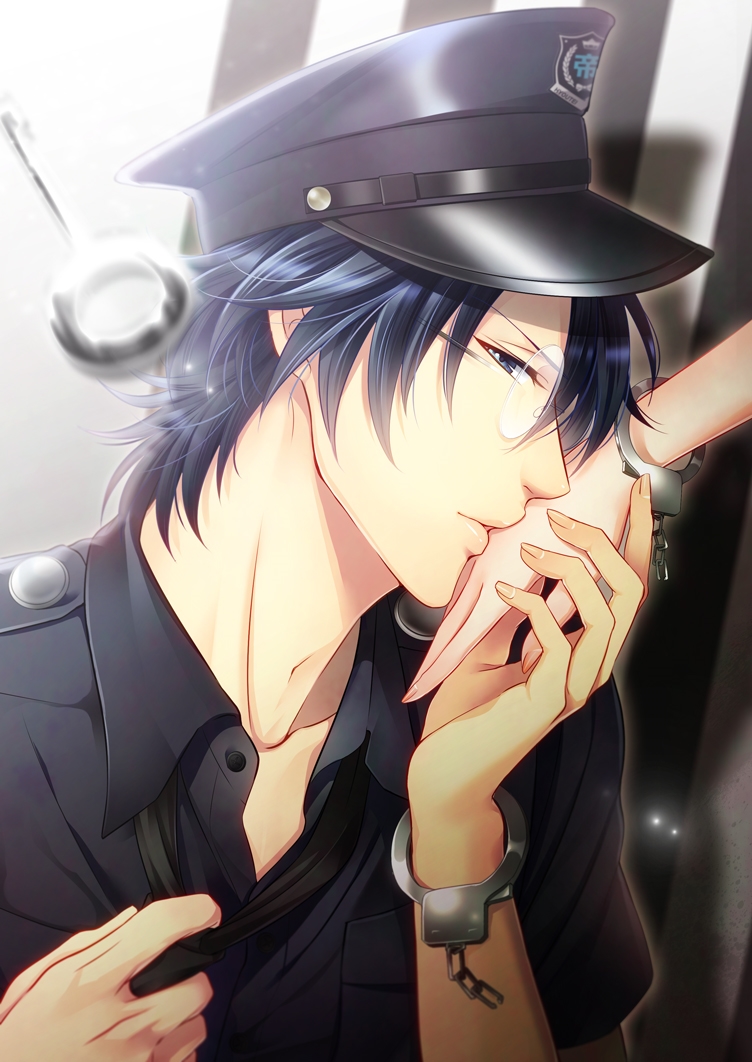 1boy cuffs eri_(happpychamp) glasses hand_kiss handcuffs hat key kiss oshitari_yuushi police police_hat police_uniform solo_focus tennis_no_ouji-sama uniform