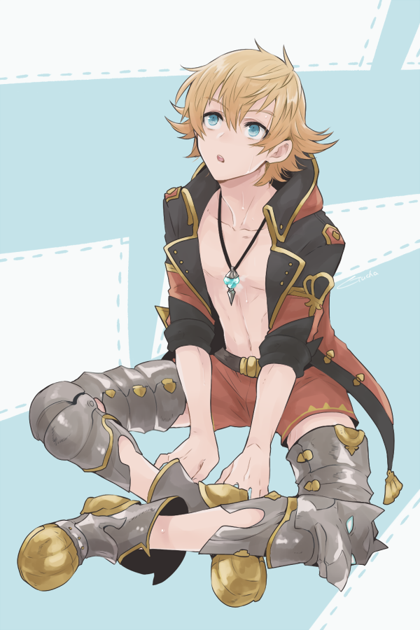1boy armor blonde_hair blue_background blue_eyes boots feather_(granblue_fantasy) flipped_hair full_body granblue_fantasy gucha_(netsu) indian_style jacket jewelry looking_up male_focus navel necklace open_clothes open_jacket shirtless shorts sitting solo sweat