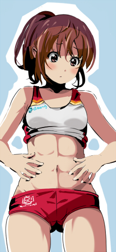 1girl abs bare_arms bare_shoulders brown_eyes brown_hair buruma commentary_request looking_at_viewer lowres okuba original pointy_ears ponytail simple_background solo track_and_field