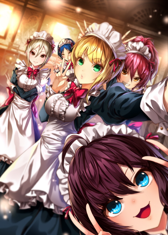 5girls alternate_costume auburn_hair bangs black_hair blonde_hair blue_eyes breasts brown_hair bunny_ears_gesture double_v dutch_angle enmaided green_eyes grey_hair hair_between_eyes hayami_kanade ichinose_shiki idolmaster idolmaster_cinderella_girls jougasaki_mika lipps_(idolmaster) long_hair looking_at_viewer maid ming_(torga) miyamoto_frederica multiple_girls open_mouth parted_bangs pink_hair shiomi_shuuko short_hair smile v yellow_eyes