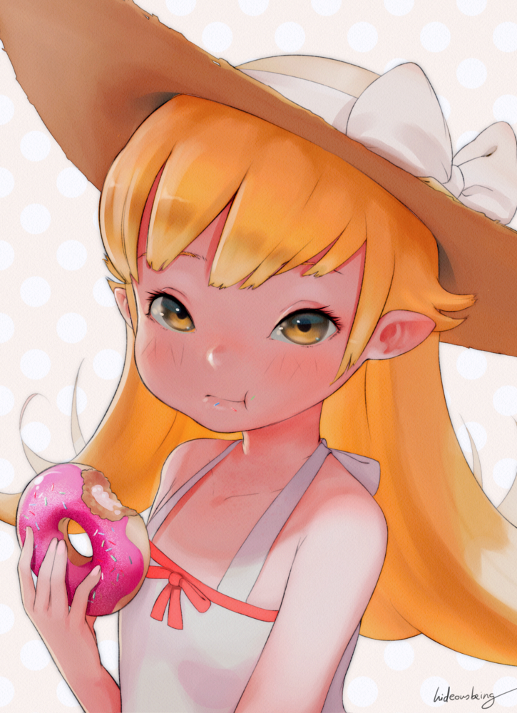 1girl :t artist_name bangs bare_shoulders blonde_hair blush bow brown_eyes closed_mouth collarbone doughnut dress eating food food_on_face hat hat_bow hat_ornament hideousbeing holding holding_food icing long_hair looking_at_viewer monogatari_(series) oshino_shinobu pointy_ears red_bow sleeveless sleeveless_dress solo sprinkles straw_hat sun_hat sundress sweets upper_body white_bow white_dress