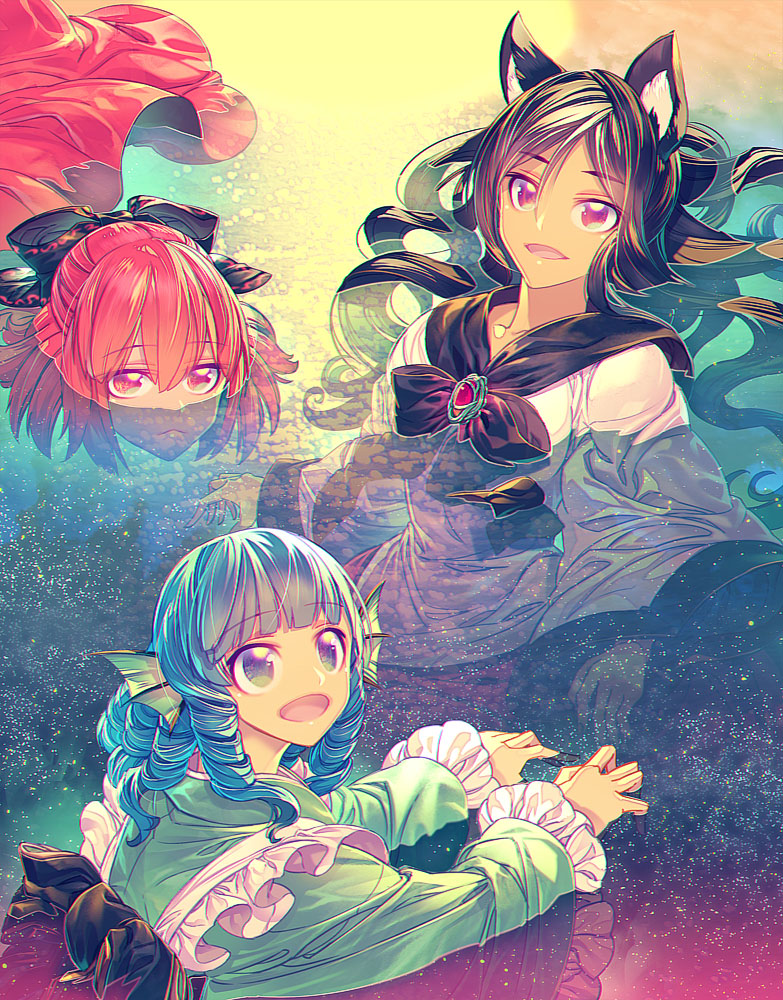 3girls animal_ears blue_eyes blue_hair brooch brown_hair disembodied_head dress drill_hair fang fish_tail from_above hair_ribbon head_fins imaizumi_kagerou japanese_clothes jewelry kimono lips long_hair long_sleeves looking_at_viewer mermaid monster_girl multiple_girls obi open_mouth partially_submerged red_eyes redhead ribbon sash sekibanki short_hair touhou underwater wakasagihime wet wet_clothes white_dress wide_sleeves wolf_ears zounose