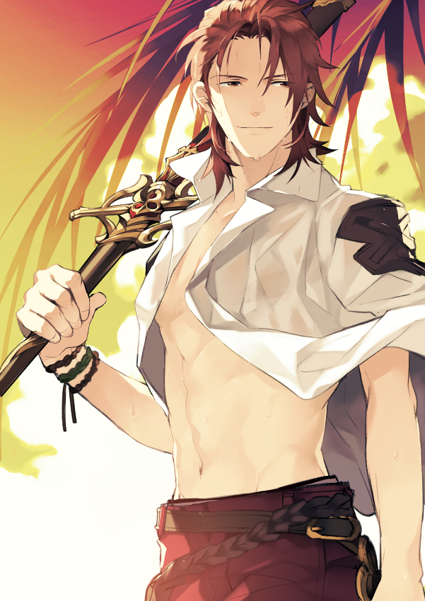 1boy belt bracelet clouds cowboy_shot granblue_fantasy holding holding_sword holding_weapon jewelry kazunon looking_to_the_side male_focus navel open_clothes open_shirt palm_tree percival_(granblue_fantasy) red_eyes redhead shirt shirt_on_shoulders smile solo sunset sweat sword tree weapon