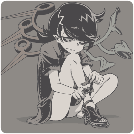 1girl asymmetrical_wings black_dress black_hair dress frustrated grey_background greyscale high_heels hoshi_nawoki houjuu_nue lowres monochrome on_ground pointy_ears short_hair simple_background sitting sitting_on_ground snake_mouth solo touhou wings