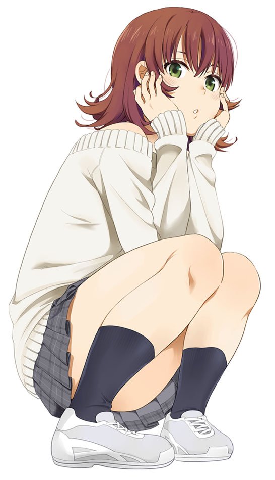 1girl brown_hair green_eyes mattaku_mousuke short_hair thighs