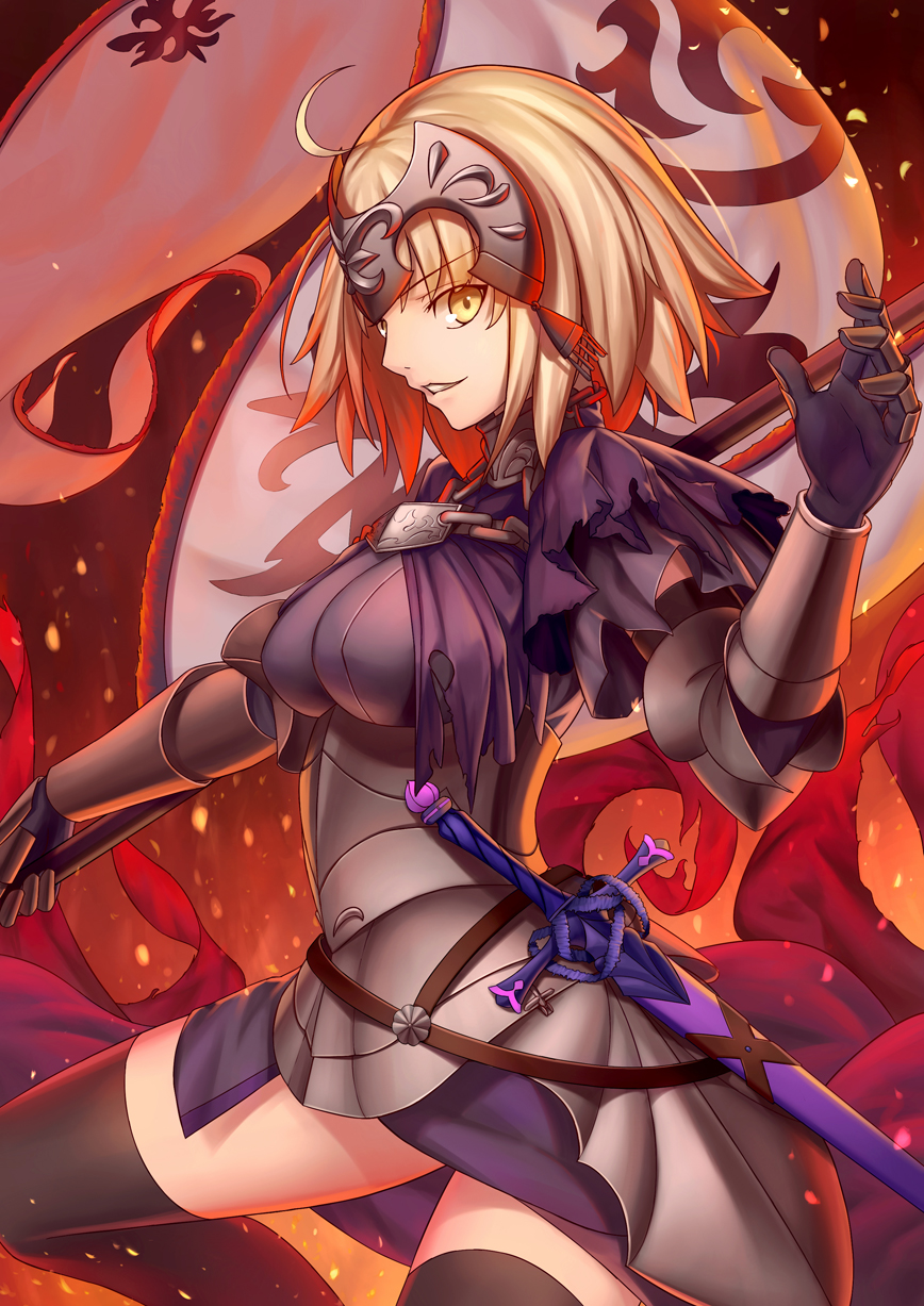 1girl black_gloves black_legwear blonde_hair breasts fate/grand_order fate_(series) gloves helmet highres jeanne_alter looking_at_viewer ruler_(fate/apocrypha) sheath sheathed short_hair smile solo sword thigh-highs torn_clothes tsuki_suigetsu weapon yellow_eyes