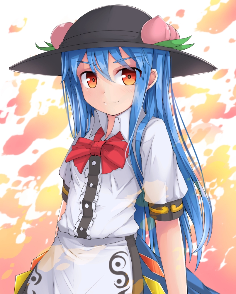 1girl black_hat blue_hair blue_skirt bow bowtie food frilled_shirt frills fruit hair_between_eyes hat hat_leaf hinanawi_tenshi long_hair looking_at_viewer orange_eyes peach puffy_short_sleeves puffy_sleeves red_bow red_bowtie shirt short_sleeves skirt solo touhou upper_body uumaru1869 very_long_hair white_shirt