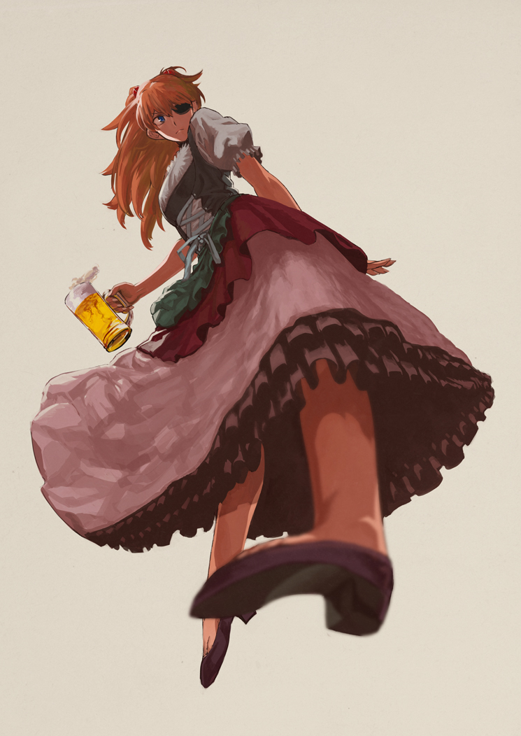 1girl alcohol beer beer_mug blue_eyes breasts dirndl evangelion:_3.0_you_can_(not)_redo eyepatch from_below german_clothes long_hair neon_genesis_evangelion oktoberfest orange_hair rebuild_of_evangelion s_kengo shikinami_asuka_langley skinny souryuu_asuka_langley standing