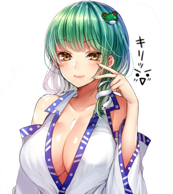 1girl bare_shoulders blonde_hair blush breasts cleavage detached_sleeves frog_hair_ornament green_hair hair_ornament kanzaki_maguro kochiya_sanae large_breasts long_hair simple_background smile snake_hair_ornament solo touhou white_background