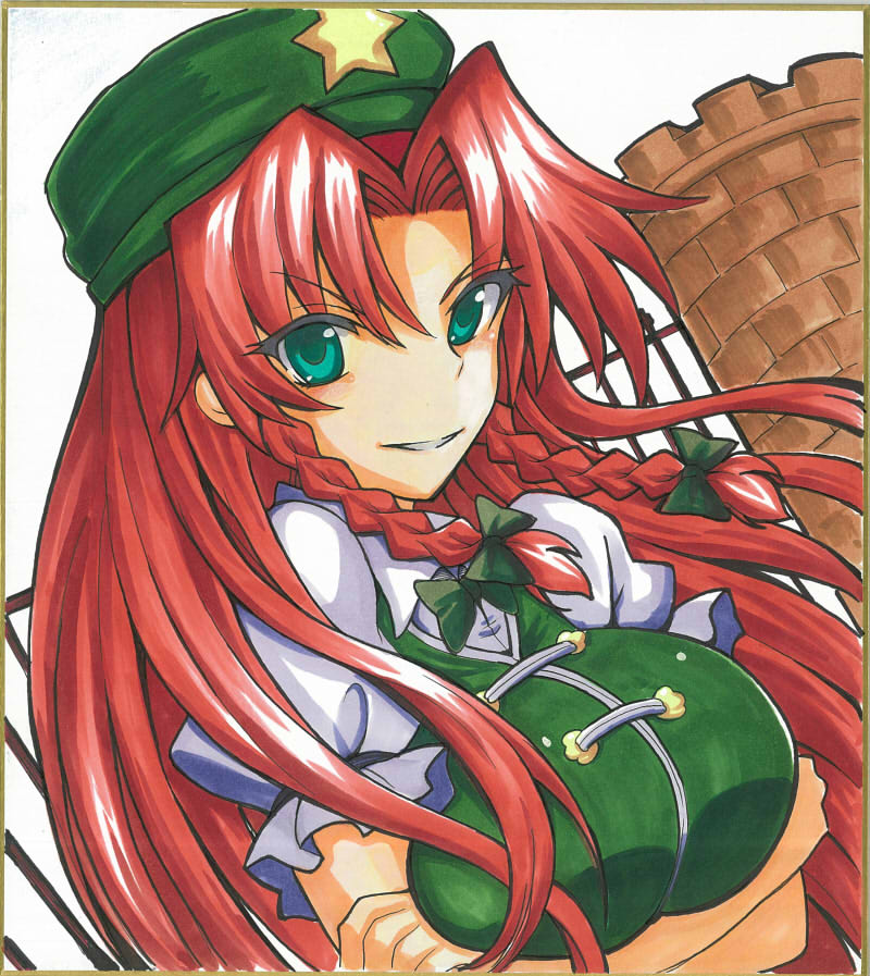 1girl beret blue_eyes bow braid breasts crossed_arms dutch_angle gate hair_bow hat hong_meiling large_breasts long_hair marker_(medium) redhead shikishi side_braid solo star touhou traditional_media twin_braids yagami_(mukage)