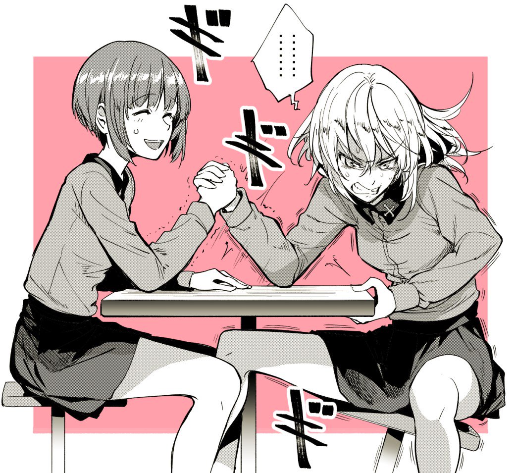... 2girls arm_wrestling bonkara_(sokuseki_maou) clenched_teeth closed_eyes commentary_request girls_und_panzer grimace hand_on_table hands_clasped holding itsumi_erika legs_apart military military_uniform multiple_girls nishizumi_miho open_mouth short_hair sitting sketch smile spoken_ellipsis stool sweatdrop table teeth trembling uniform