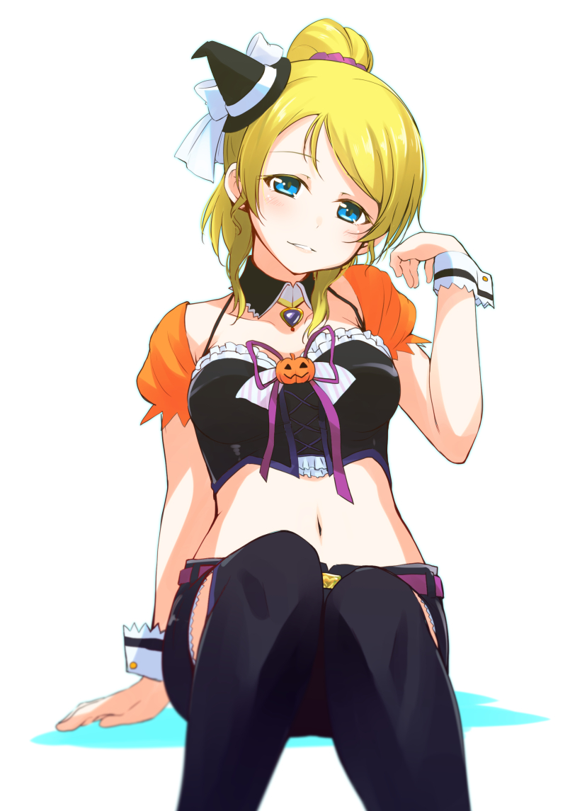 1girl arm_support ayase_eli belt black_legwear black_shorts blonde_hair blue_eyes collar collarbone earrings hand_in_hair hat high_ponytail jewelry long_hair looking_at_viewer love_live! love_live!_school_idol_project midriff mini_hat mini_witch_hat nanotsuki navel pumpkin purple_ribbon ribbon shorts simple_background solo thigh-highs white_background witch_hat wrist_cuffs