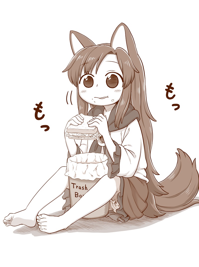 1girl animal_ears barefoot bloomers brooch commentary_request eating food food_on_face imaizumi_kagerou jewelry long_hair long_sleeves looking_at_viewer monochrome poronegi sandwich sitting skirt solo tail touhou trash_can underwear wolf_ears wolf_tail