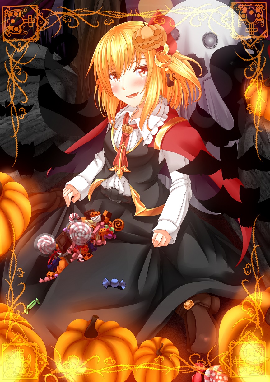 1girl :d bat belt black_shoes black_skirt black_vest black_wings blonde_hair blush candy cape cat_hair_ornament chocolate cookie crescent crescent_hair_ornament dress_shirt embellished_costume fangs food food_themed_hair_ornament frame frilled_shirt_collar frills hair_ornament hair_ribbon halloween highres lollipop long_skirt long_sleeves looking_at_viewer necktie open_mouth pumpkin_hair_ornament red_cape red_necktie red_ribbon ribbon rumia shirt shoes short_hair skirt skirt_hold smile solo totororo touhou white_shirt wings yellow_eyes