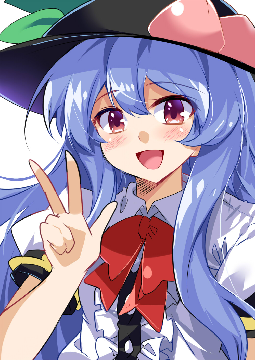 1girl :d blush bow bowtie collared_shirt commentary date_pun e.o. food food_on_head fruit fruit_on_head happy hat highres hinanawi_tenshi long_hair looking_at_viewer number_pun object_on_head open_mouth peach red_eyes shirt smile solo touhou upper_body very_long_hair w