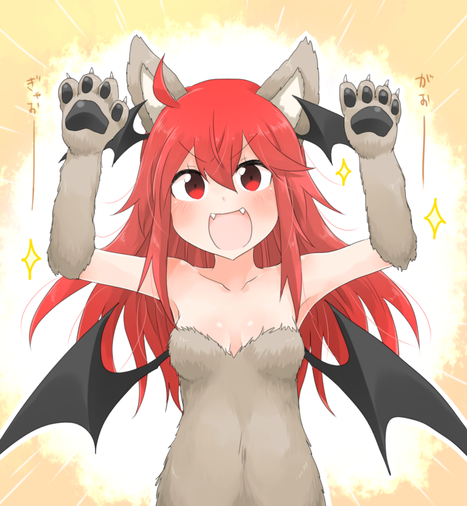 &gt;:d 1girl :d animal_costume animal_ears arms_up bare_shoulders bat_wings blush breasts claws cleavage collarbone commentary_request dog_costume dog_ears elbow_gloves fangs gloves head_wings koakuma long_hair looking_at_viewer low_wings nobamo_pieruda open_mouth red_eyes redhead sidelocks simple_background smile solo sparkle touhou translation_request wings yellow_background