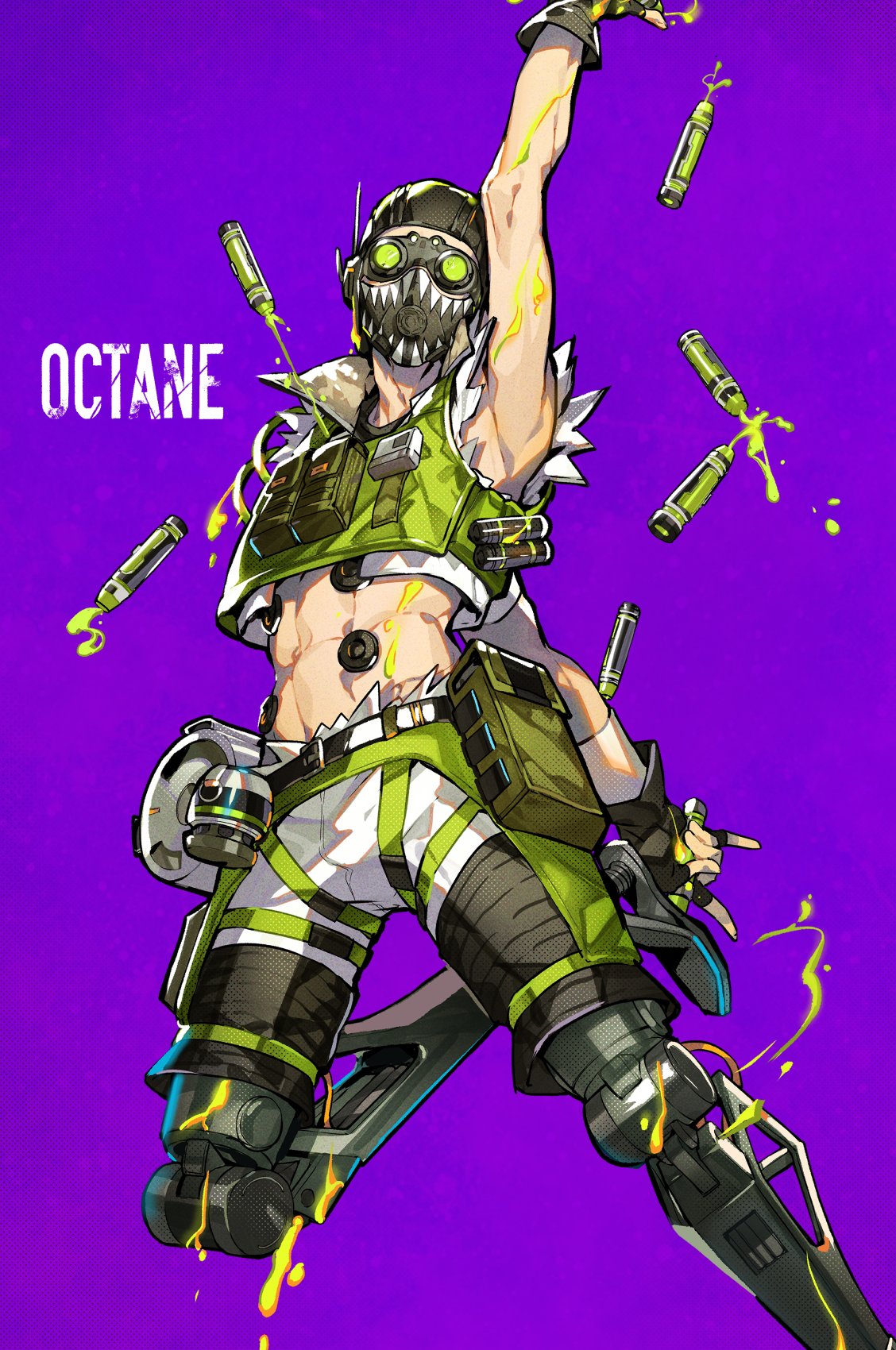 1boy abs apex_legends black_headwear cropped_vest goggles green_vest highres holding holding_syringe looking_at_viewer male_focus mask mechanical_legs midriff mika_pikazo mouth_mask navel octane_(apex_legends) purple_background shorts solo syringe vest white_shorts