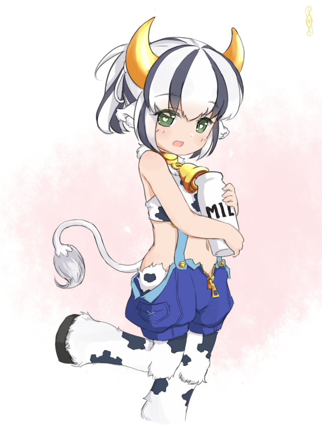 1girl :d alternate_breast_size animal_ears artist_request bare_shoulders bell bell_collar black_hair bottle child collar cow_bell cow_ears cow_girl cow_horns cow_tail crop_top flat_chest full_body green_eyes heart heart-shaped_pupils holstaurus hooves horns leg_up looking_at_viewer midriff milk_bottle monster_girl monster_girl_encyclopedia multicolored_hair navel object_hug open_mouth ponytail short_hair short_ponytail shorts smile solo standing standing_on_one_leg stomach streaked_hair suspenders symbol-shaped_pupils tail tank_top two-tone_hair unzipped white_hair younger zipper