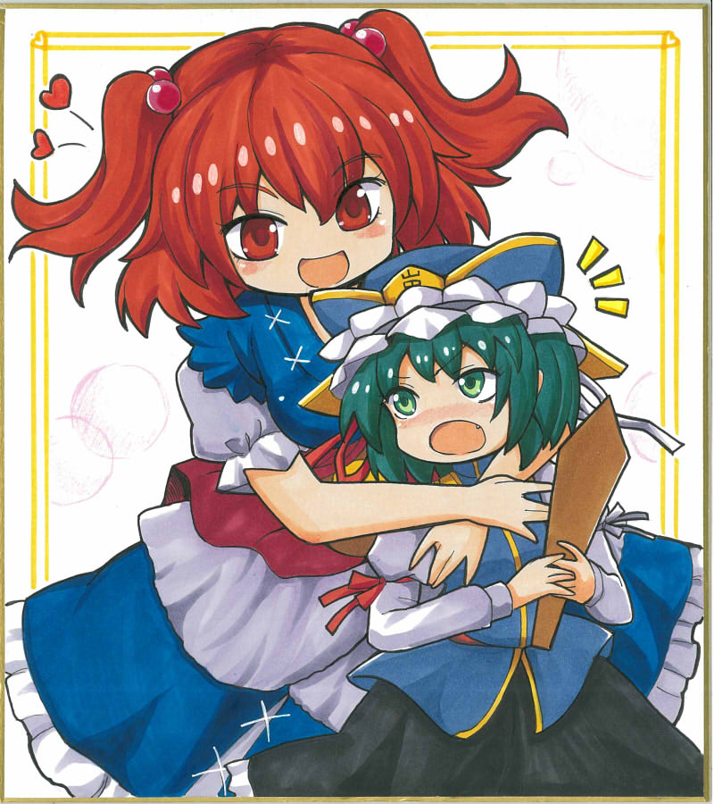 2girls :d :o fang green_eyes green_hair hair_bobbles hair_ornament hat heart height_difference hug hug_from_behind long_hair multiple_girls onozuka_komachi open_mouth red_eyes redhead shiki_eiki shikishi smile touhou two_side_up yagami_(mukage)