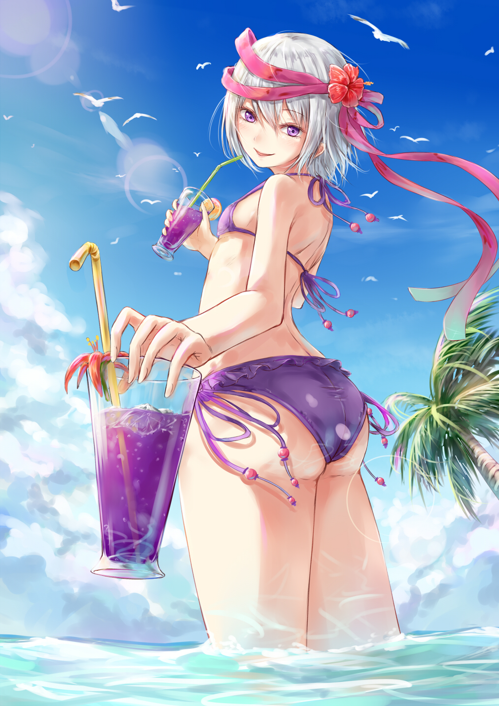 1girl aira_(gohei708) ass bandages bare_shoulders bikini bird blush breasts cowboy_shot cup drink drinking_glass flower frilled_bikini frills from_behind from_below hair_ornament hair_ribbon hibiscus highres holding_drinking_glass lens_flare looking_at_viewer looking_back open_mouth outdoors palm_tree partially_submerged perspective purple_bikini ribbon seagull selector_wixoss short_hair small_breasts smile solo standing straw swimsuit tree ulith_(wixoss) violet_eyes water white_hair wixoss