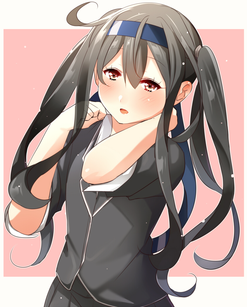 1girl alternate_hairstyle arm_behind_head arms_up black_hair black_skirt blazer blush brown_eyes eyebrows eyebrows_visible_through_hair grey_jacket hair_between_eyes hatsushimo_(kantai_collection) headband jacket juurouta kantai_collection long_hair open_mouth pink_background pleated_skirt remodel_(kantai_collection) school_uniform simple_background skirt solo twintails two-tone_background