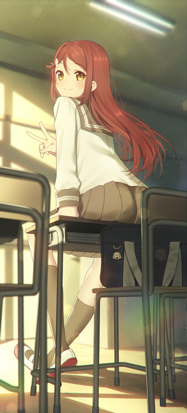 1girl bag black_legwear brown_hair chair classroom desk eyebrows eyebrows_visible_through_hair from_behind from_below highres kneehighs long_hair looking_at_viewer looking_back love_live! love_live!_sunshine!! nagareboshi on_desk pleated_skirt sakurauchi_riko school_bag school_desk school_uniform serafuku shiitake_(love_live!_sunshine!!) sitting sitting_on_desk skirt smile solo v yellow_eyes