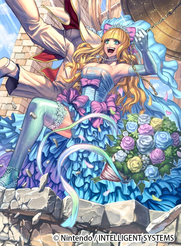 1boy 1girl blonde_hair blue_eyes bouquet bow breasts carrying_over_shoulder chain character_request charlotte_(fire_emblem_if) cleavage company_name dress elbow_gloves fire_emblem fire_emblem_cipher fire_emblem_if flower gloves hair_bow izuka_daisuke jewelry large_breasts long_hair official_art open_mouth pink_bow thigh-highs tiara wavy_hair wedding_dress zettai_ryouiki