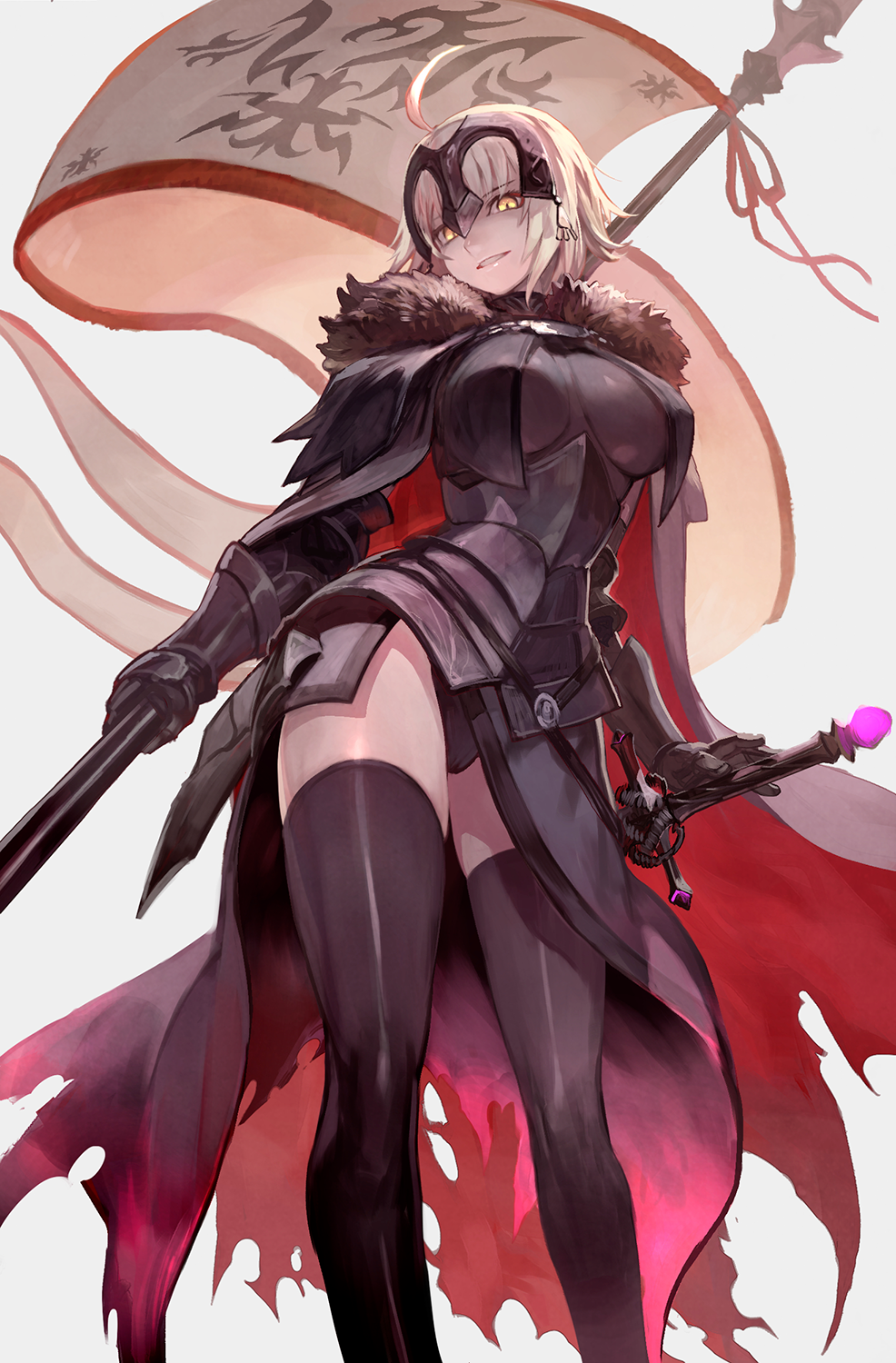 1girl blonde_hair breasts fate/grand_order fate_(series) gauntlets headpiece highres jeanne_alter lack ruler_(fate/apocrypha) ruler_(fate/grand_order) smile solo thigh-highs yellow_eyes