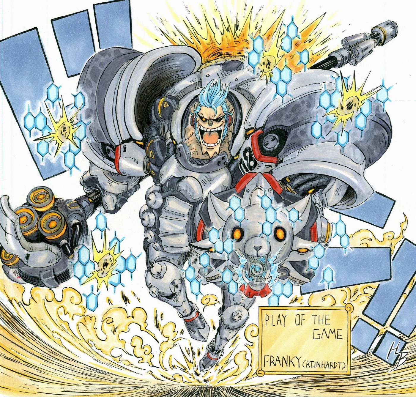 1boy armor artist_request character_name charging cosplay cyborg energy_shield franky full_armor full_body gauntlets glowing glowing_eye highres holding holding_weapon looking_at_viewer male_focus marker_(medium) no_headwear no_helmet oda_eiichirou_(style) one_piece overwatch parody pauldrons plate_armor play_of_the_game pompadour reinhardt_(overwatch) reinhardt_(overwatch)_(cosplay) shield short_hair shoulder_pads sideburns smile solo stitches style_parody sunglasses teeth thrusters traditional_media warhammer weapon