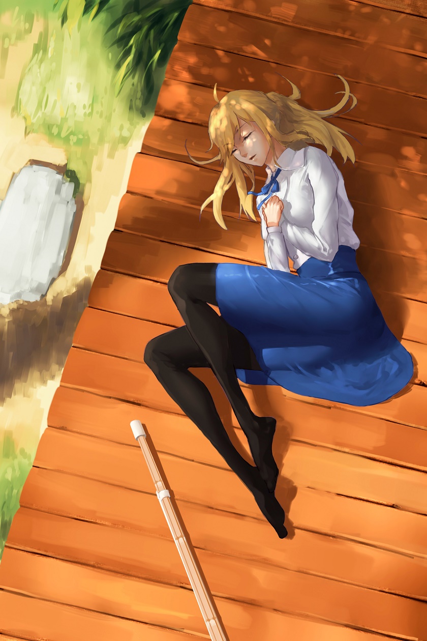 1girl ahoge black_legwear blonde_hair fate/grand_order fate/stay_night fate_(series) fork_(357022) hands_on_own_chest highres legs long_hair no_shoes pantyhose saber shinai skirt sleeping solo sword weapon wooden_deck
