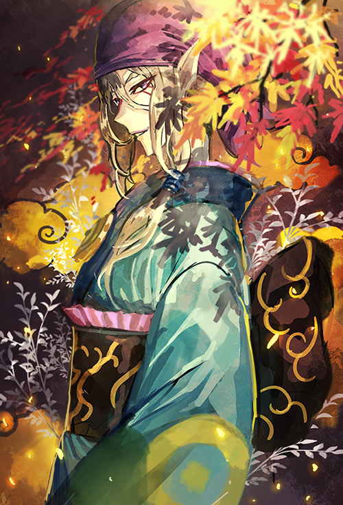 1boy 369minmin bandana blonde_hair facepaint japanese_clothes kimono kusuriuri_(mononoke) long_hair makeup male_focus mononoke obi pointy_ears sash solo violet_eyes