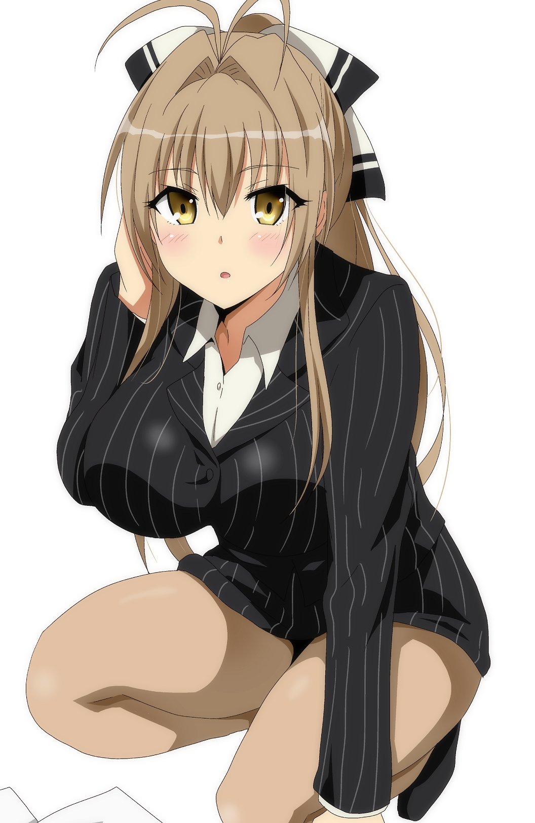 1girl ahoge alternate_costume amagi_brilliant_park blush breasts brown_hair business_suit formal hair_ribbon hera_(hara0742) highres huge_breasts long_hair open_mouth pantyhose pinstripe_suit ponytail ribbon sento_isuzu shirt skirt_suit solo squatting striped suit