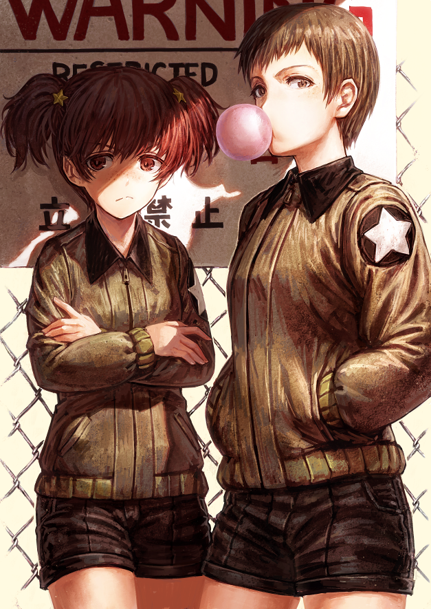 2girls alisa_(girls_und_panzer) bangs black_shorts breasts brown_eyes brown_hair brown_jacket bubblegum chain-link_fence closed_mouth cowboy_shot crossed_arms fence freckles frown girls_und_panzer gum hair_ornament hands_in_pockets jacket lain long_sleeves looking_at_viewer looking_away looking_to_the_side military military_uniform mouth_hold multiple_girls naomi_(girls_und_panzer) pocket shade shadow short_hair short_twintails shorts sign small_breasts star star_hair_ornament twintails uniform very_short_hair warning_sign zipper