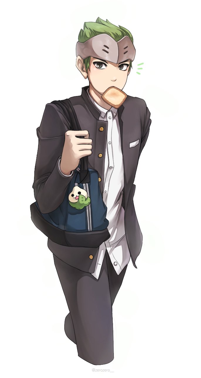 /\/\/\ 1boy bag black_jacket black_pants buttons charm_(object) cowboy_shot cropped_legs dress_shirt food_in_mouth forehead_protector gakuran genji_(overwatch) green_eyes green_hair highres jacket long_sleeves looking_at_viewer male_focus mouth_hold open_clothes open_jacket overwatch pants school_uniform shirt short_hair shoulder_bag simple_background solo toast toast_in_mouth twitter_username whisker_markings white_background white_shirt
