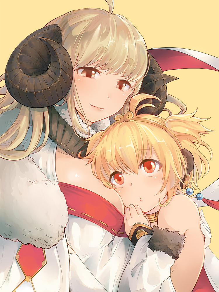 2girls :o ahoge anchira_(granblue_fantasy) anila_(granblue_fantasy) bangs bare_shoulders beads between_breasts blonde_hair blush breasts closed_mouth detached_collar detached_sleeves diamond_(shape) doraf erun_(granblue_fantasy) eyebrows eyebrows_visible_through_hair fur_trim gloves granblue_fantasy hairband hand_on_another's_back head_on_chest horns hug large_breasts lips long_hair looking_at_another looking_down looking_up monkey_ears multiple_girls red_eyes ribbon_trim ring_necklace sayuco sheep_horns short_eyebrows short_hair simple_background smile stitches thick_eyebrows two_side_up upper_body white_gloves yellow_background