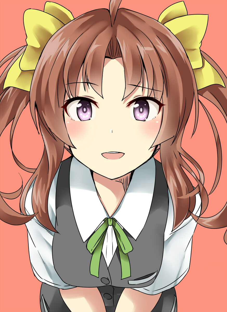 1girl ahoge blouse blush breasts brown_hair buttons commentary_request dated eyebrows eyebrows_visible_through_hair from_above green_ribbon grey_vest hair_intakes hair_ribbon highres kagerou_(kantai_collection) kamelie kantai_collection leaning_forward long_hair looking_at_viewer looking_up neck_ribbon open_mouth orange_background pocket redhead ribbon round_teeth school_uniform short_sleeves simple_background solo teeth twintails upper_body v_arms vest violet_eyes white_blouse yellow_ribbon