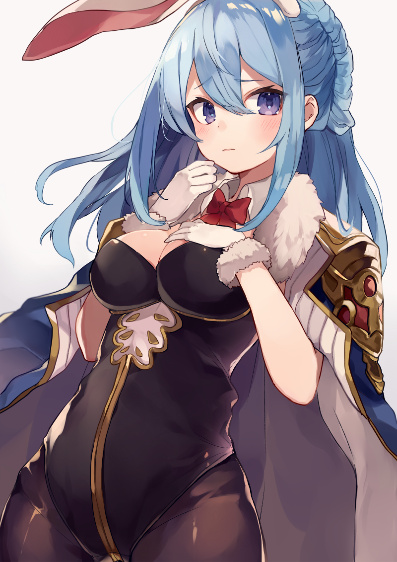 1girl animal_ears bangs black_legwear black_leotard blue_hair blush bow bowtie braid breast_suppress breasts bunnysuit curtains detached_collar eyebrows eyebrows_visible_through_hair fake_animal_ears fur-trimmed_gloves fur_trim granblue_fantasy hair_between_eyes hand_on_breast hand_on_own_chest haruka_(reborn) jacket_on_shoulders leotard long_hair looking_at_viewer medium_breasts pantyhose rabbit_ears red_bow red_bowtie sidelocks simple_background solo therese_(granblue_fantasy) upper_body violet_eyes white_background
