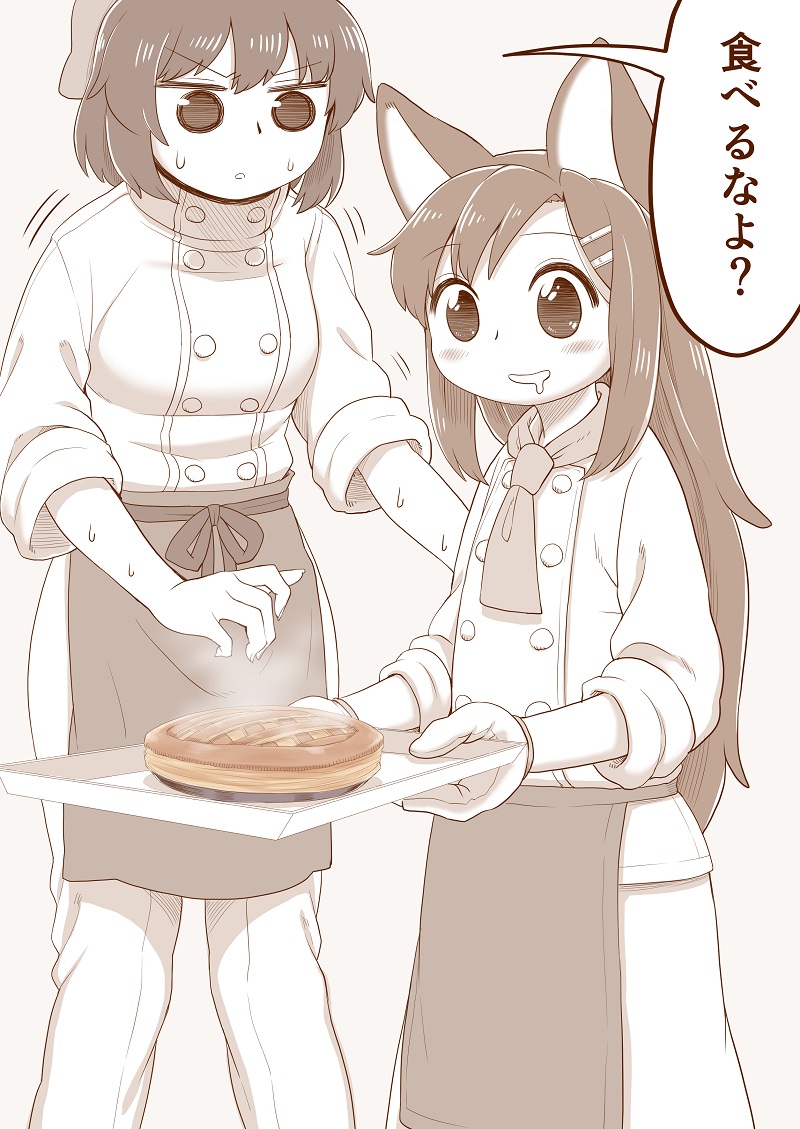 2girls alternate_costume animal_ears apron bangs blush bow commentary_request gloves hair_bow imaizumi_kagerou long_hair monochrome multiple_girls pie poronegi saliva sekibanki short_hair sleeves_rolled_up smile spot_color standing steam sweat touhou translation_request wolf_ears