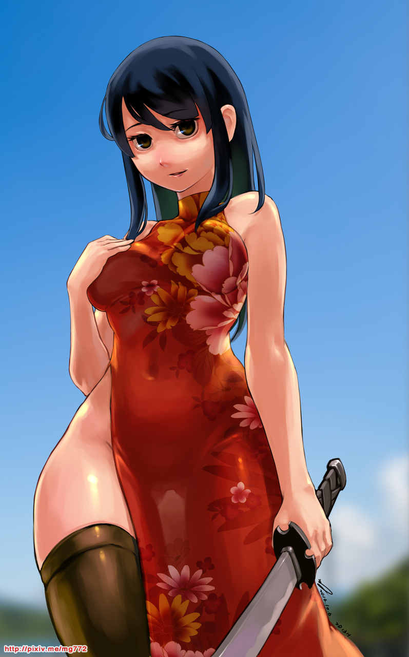 1girl 2016 arm_at_side ass_visible_through_thighs bare_arms black_eyes black_hair black_legwear blue_sky blurry breasts china_dress chinese_clothes covered_navel cowboy_shot dated day depth_of_field dress eyelashes floral_print hand_on_breast highres holding holding_sword holding_weapon long_hair looking_at_viewer medium_breasts michitoku original parted_lips print_dress red_dress see-through_silhouette side_slit signature sky sleeveless sleeveless_dress smile solo sword thigh-highs turtleneck watermark weapon web_address