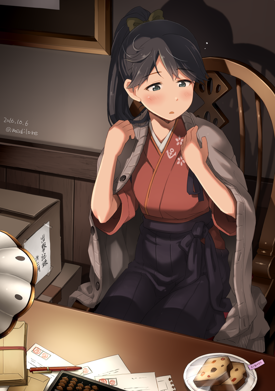 1girl 2016 black_hair blue_eyes box cardboard_box cardigan chair dated desk eyebrows eyebrows_visible_through_hair food houshou_(kantai_collection) indoors kantai_collection lamp looking_at_hand paper pen picture_frame plate ponytail sakura_(medilore) saran_wrap shadow sitting solo twitter_username wall wide_sleeves