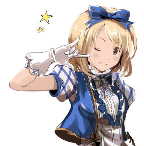 1girl ;) \m/ alternate_costume blonde_hair blue_ribbon blush bow breasts brown_eyes buttons commentary cropped_jacket djeeta_(granblue_fantasy) gloves granblue_fantasy hair_bow hair_ribbon kimi_to_boku_no_mirai looking_at_viewer lowres medium_breasts okuba one_eye_closed puffy_short_sleeves puffy_sleeves ribbon short_hair short_sleeves simple_background smile solo star upper_body white_background white_gloves
