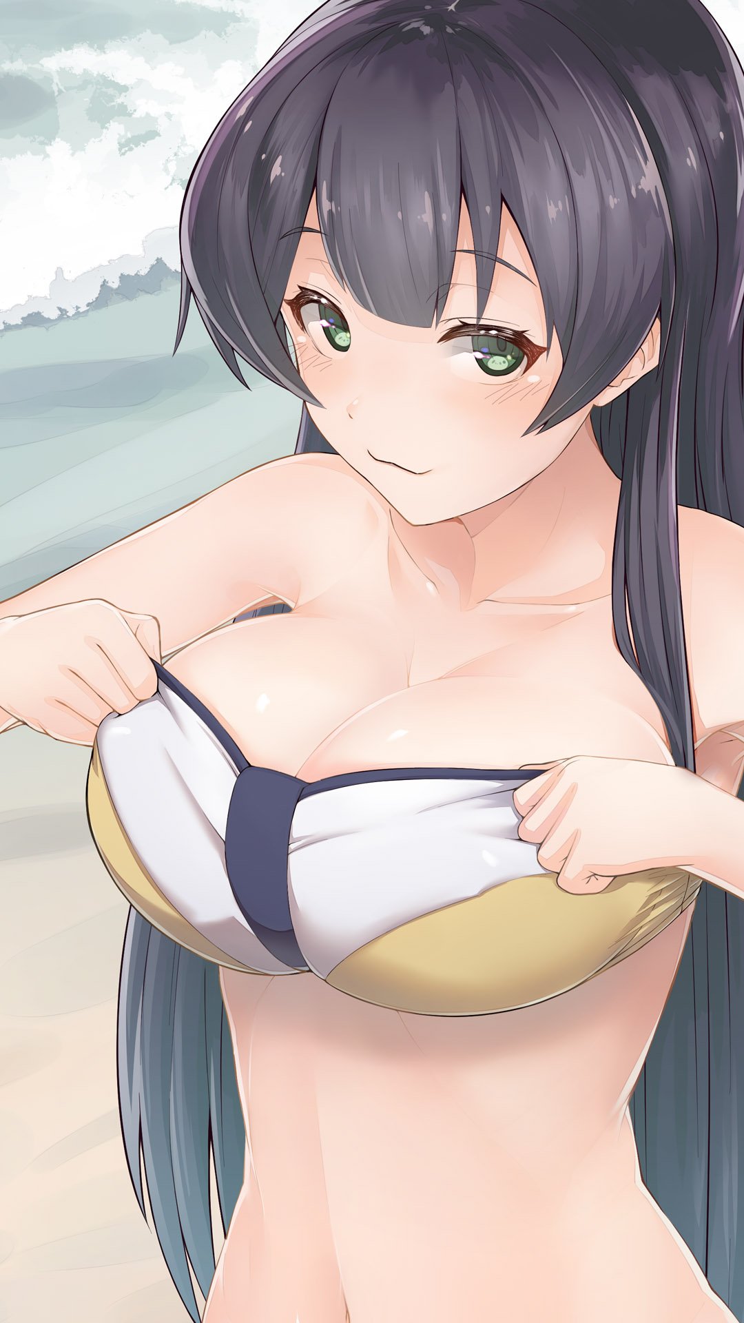 1girl agano_(kantai_collection) alternate_costume beach bikini bikini_lift breasts cleavage collarbone commentary_request eyebrows eyebrows_visible_through_hair from_above green_eyes highres kantai_collection large_breasts long_hair looking_at_viewer navel shiny shiny_hair solo swimsuit urigarasu