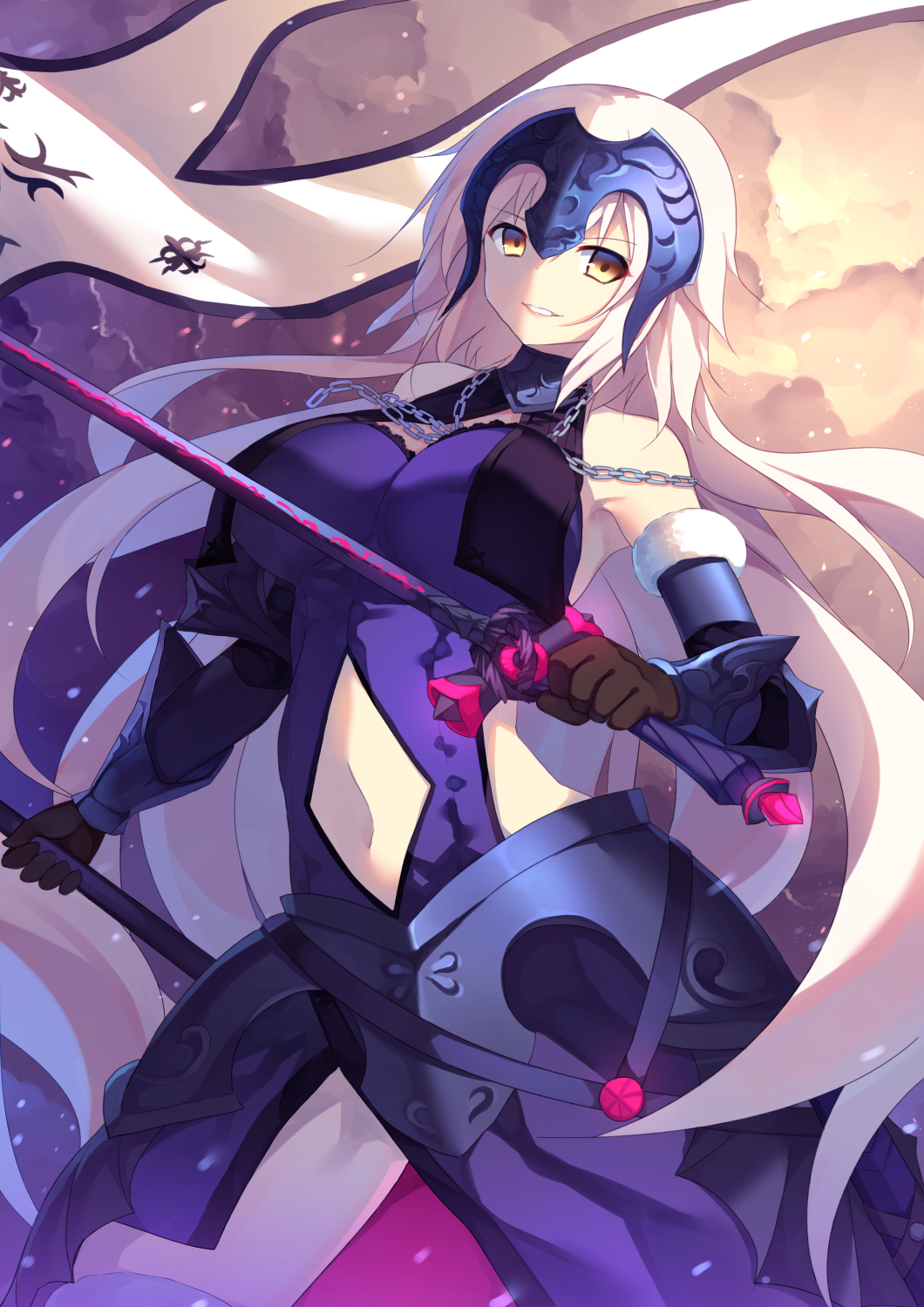 1girl armor armored_dress bare_shoulders black_gloves bracer breasts chain cowboy_shot dual_wielding elbow_gloves fate/grand_order fate_(series) flag fur_trim gloves headpiece highres holding holding_sword holding_weapon jeanne_alter large_breasts long_hair looking_at_viewer navel parted_lips ruler_(fate/apocrypha) ruler_(fate/grand_order) smile solo stomach sword ureshiijelek very_long_hair weapon white_hair yellow_eyes