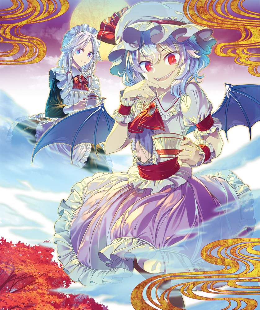 2girls apron ascot autumn autumn_leaves bangs bat_wings blue_eyes bow braid commentary_request cup dress fangs frilled_dress frills full_moon hand_on_own_cheek hat hat_bow holding holding_cup izayoi_sakuya lavender_hair looking_at_viewer maid maid_apron maid_headdress mob_cap moon multiple_girls pantyhose parted_bangs puffy_short_sleeves puffy_sleeves red_eyes remilia_scarlet sash sharp_teeth short_hair short_sleeves silver_hair sketch slit_pupils smile smoke spread_wings teacup teapot teeth touhou tree twin_braids wings wrist_cuffs zounose